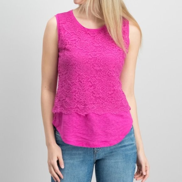 Maison Jules Linen Lace Front Layered Casual Top - Picture 1 of 3